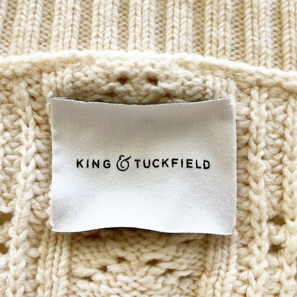 KING & TUCKFIELD Pointelle Knit Merino Wool Cardigan In Cream - Picture 7 of 9